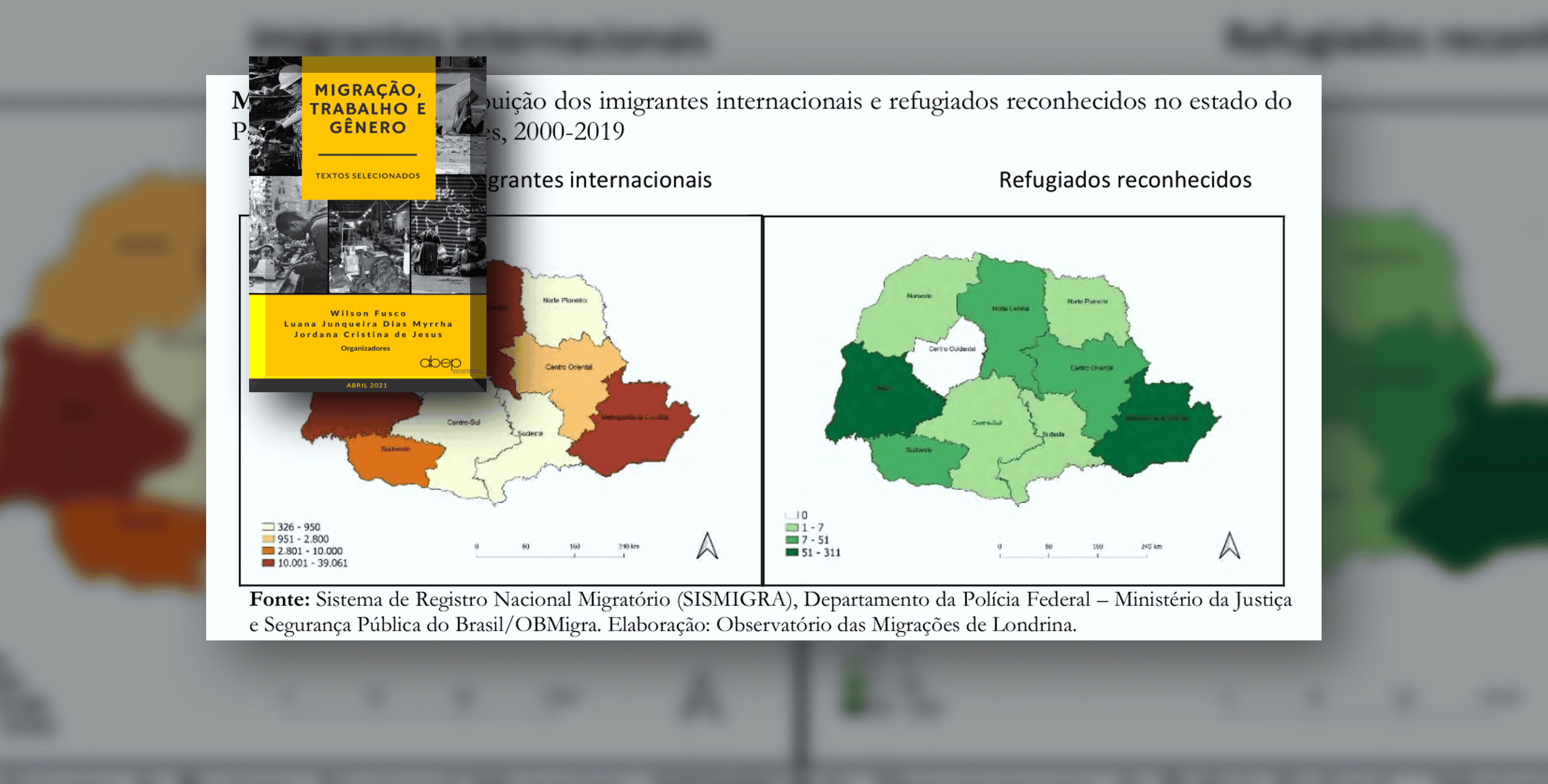 Capa do livro Migrações Internacionais e Gênero e gráfico comparativo de refugiados do Paraná