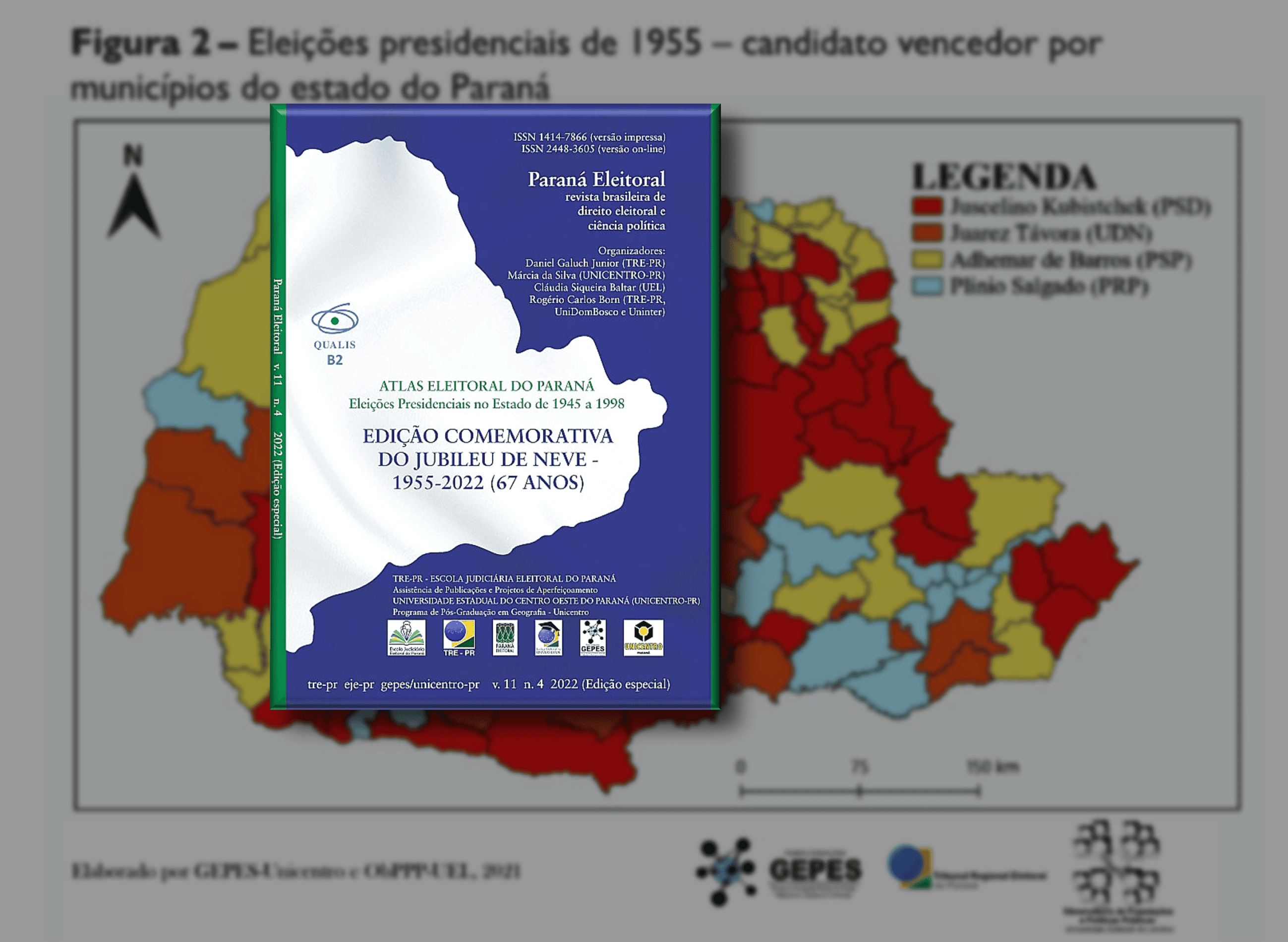 Capa do Atlas Eleitoral do Paraná - 1955 e mapa eleitoral ao fundo